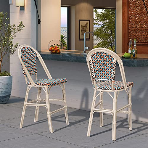 PURPLE LEAF French Counter Height Bar Stool Set of 2 25 White Print Finish Patio Bar Chairs with Back Rattan Bar Chairs French Bistro Set for Kitchen Outdoor Counter Stool Colorful